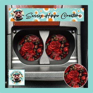 Car Coasters Shades of Red Roses Flowers Floral Set of 2 Neoprene Absorbent